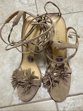 Ivanka Trump Taupe Suede Fringe Lace-Up Heels